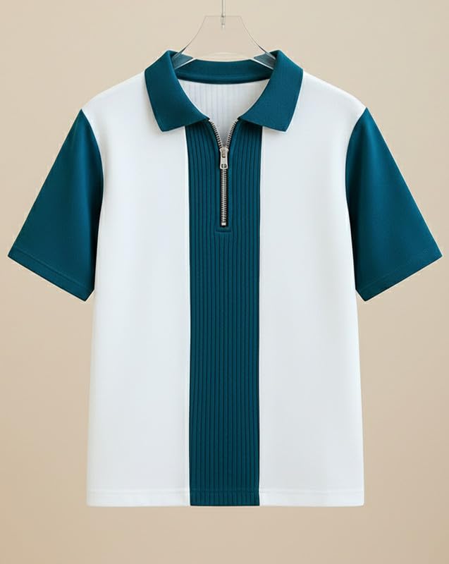 AUSK Men's Textured Vertical Striped Knit Polo T-Shirt | Half Sleeve Zipper Neck Self-Design Casual Tee | Mens Tshirts