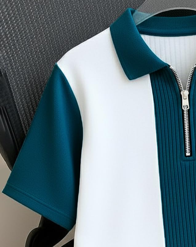 AUSK Men's Textured Vertical Striped Knit Polo T-Shirt | Half Sleeve Zipper Neck Self-Design Casual Tee | Mens Tshirts - Image 2